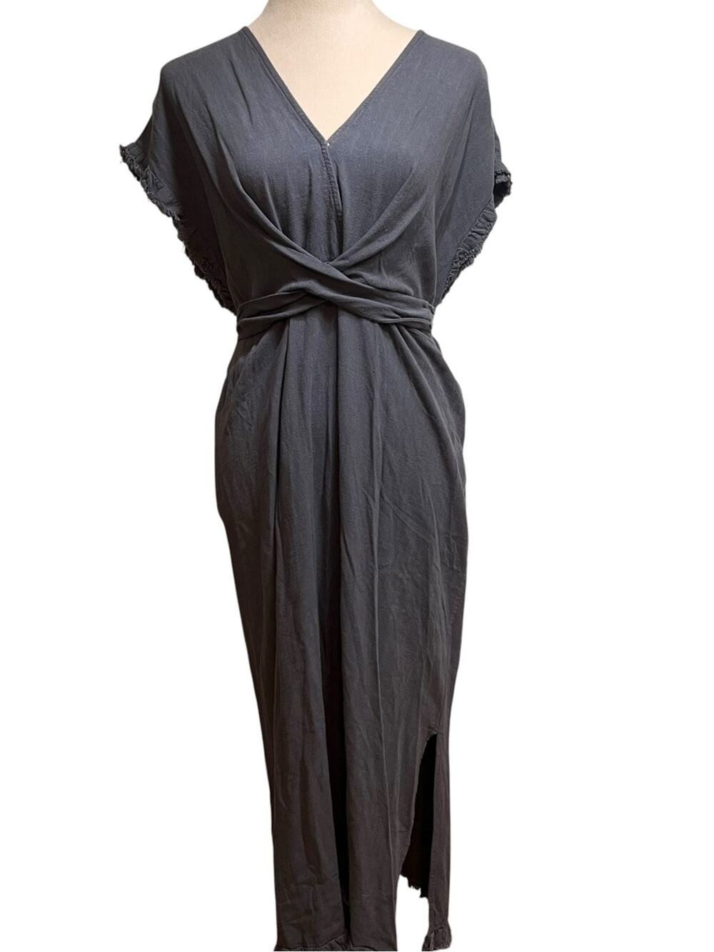 Umgee Cotton Linen Wrap Tie Midi Dress Charcoal Gray Raw Hem Boho Size Small